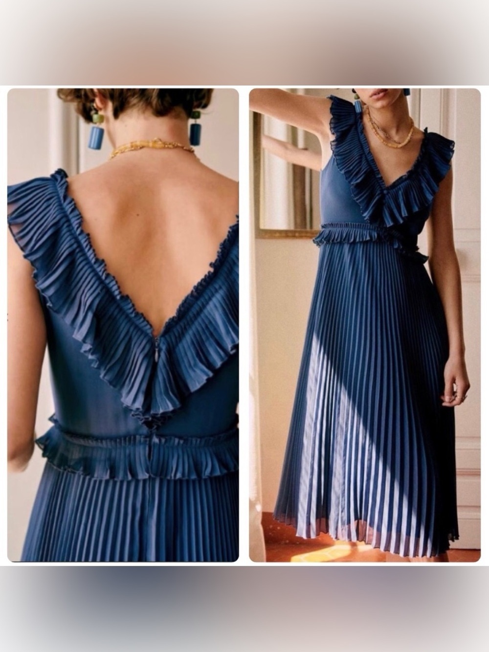 Sezane Rachelle Dress Ocean Blue Ruffle Pleated Midi Size 8 Large (FR 40)